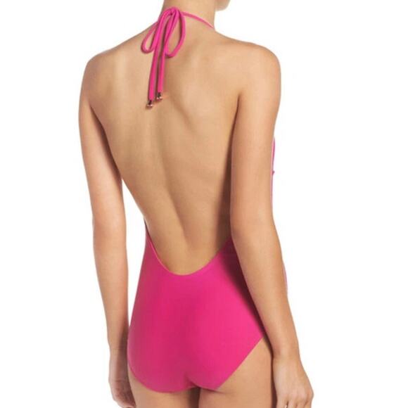 Ted Baker London NWT Fuchsia Low V Plunge Open Back One-Piece Halter Swimsuit - Picture 5 of 9